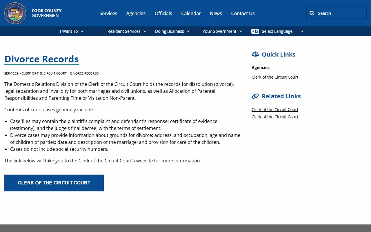 Cook County divorce records service page for family court records
