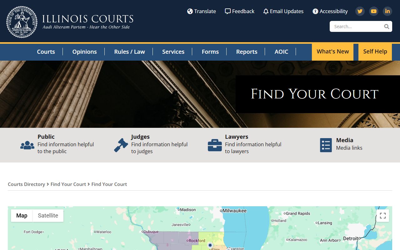 Illinois Courts directory interactive map for finding family court records