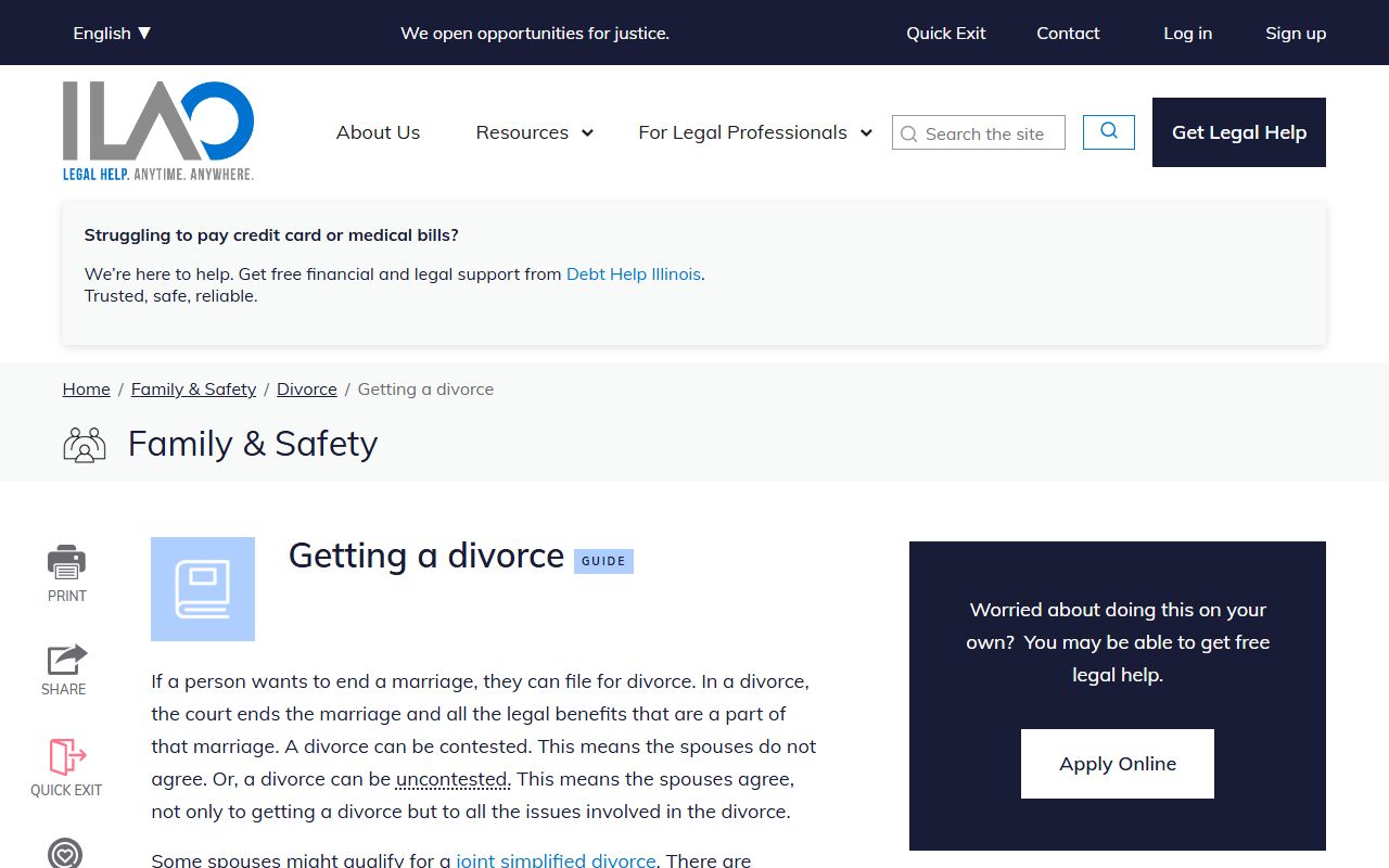 Illinois Legal Aid Online divorce information and family court records